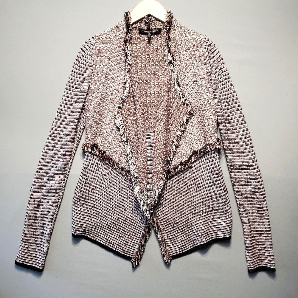 White House Black Market Cardigan Sweater Womens M Pink Fringe Open Boho Chic‎